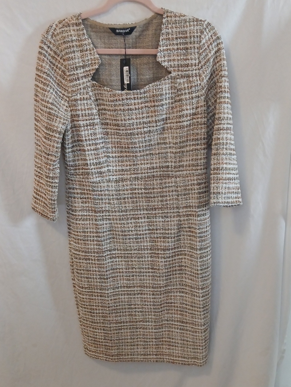 Allegra K Beige and Ivory Tweed Midi Sheath Dress
